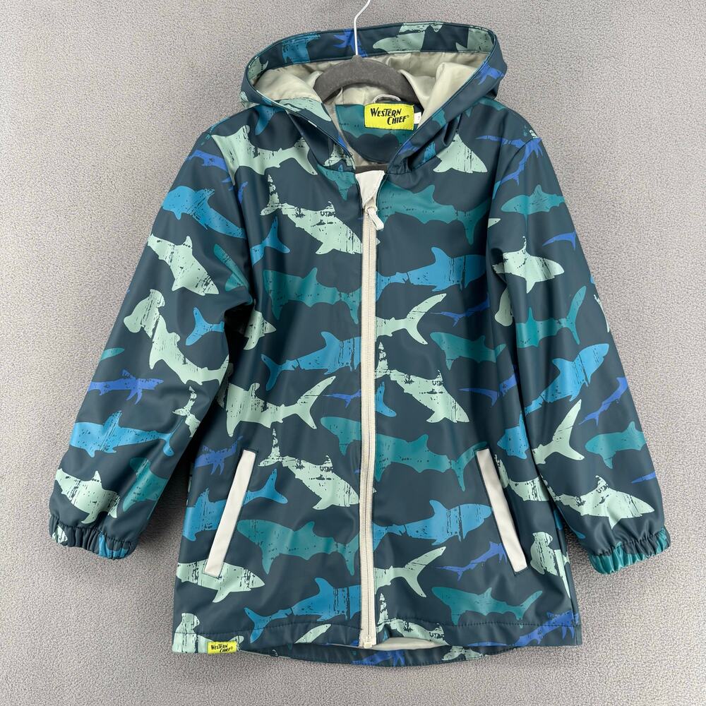 Western Chief Shark Life Raincoat Youth Kids 7 Blue‎ Hood Full Zip Pockets